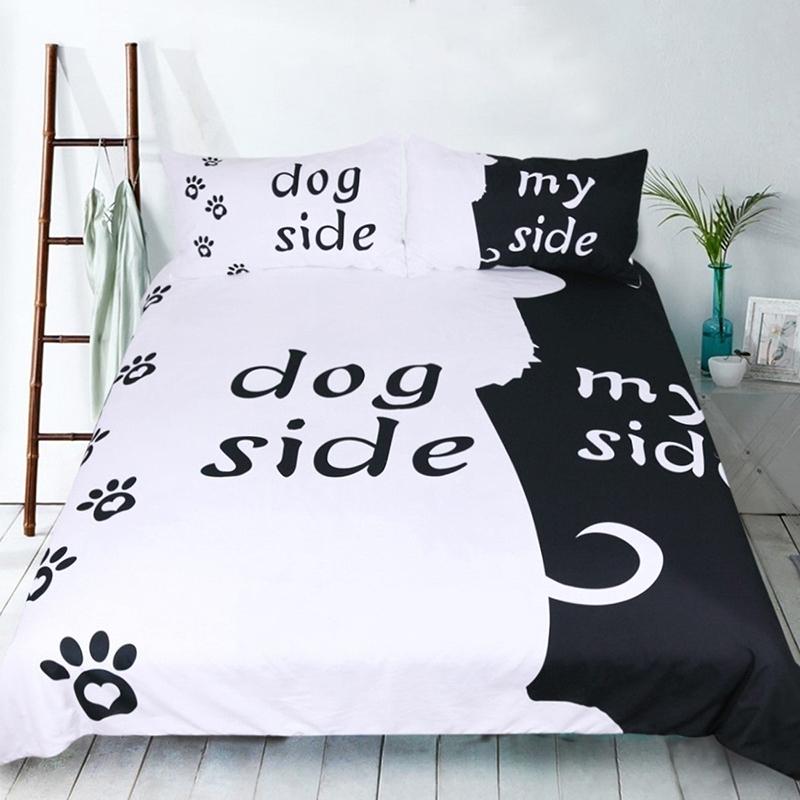 Black+white Novelty Gift Funny Dog Side My Side Words Dog Paws Print Bedding Set Quilt Duvet Cover+Pillow Case US AU EU Size